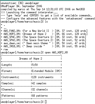 UModPlayer being operated from the command interpreter. 'ls' displays files with some info such as song name. Then a file is loaded with the 'open' command